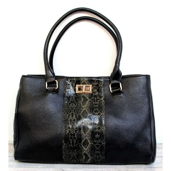LRG ERICA ANENBERG BLACK GENUINE LEATHER TURN LOCK SATCHEL SHOULDER BAG HANDBAG - Picture 1 of 12